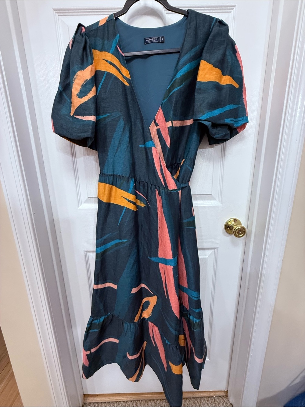 Vineyard Vines Tropical Abstract Midi Linen Blend Wrap Dress S wedding guest